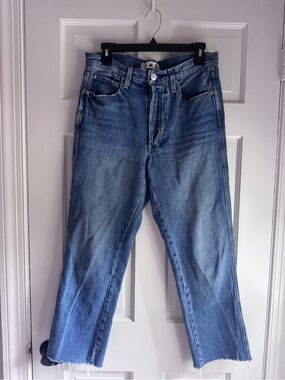AMO Size 28 High Rise Straight Leg Jeans Medium Wash Raw Hem USA Made